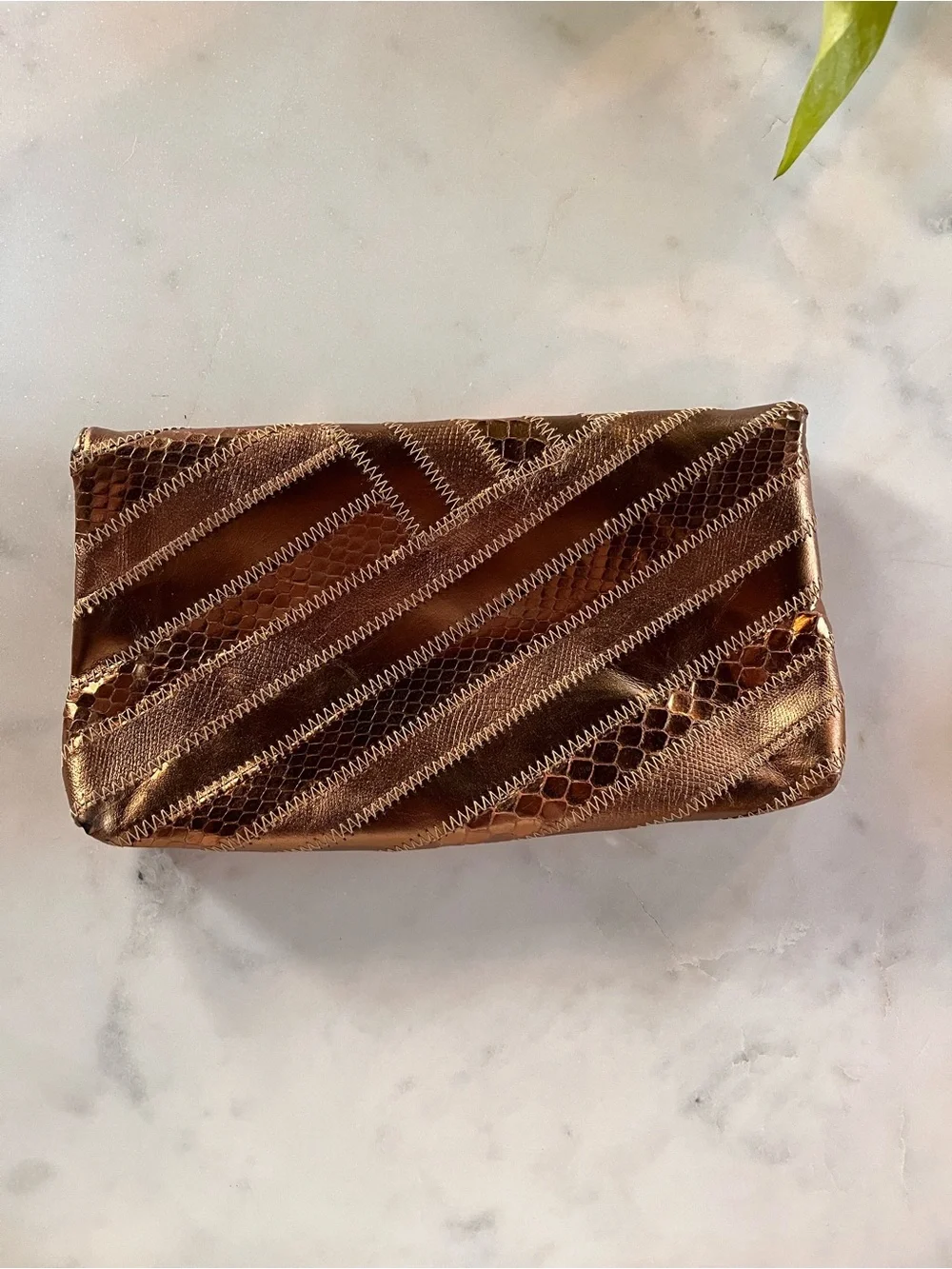 Dame 80s Metallic Bronze Snakeskin Patchwork Convertible Crossbody Clutch Bag